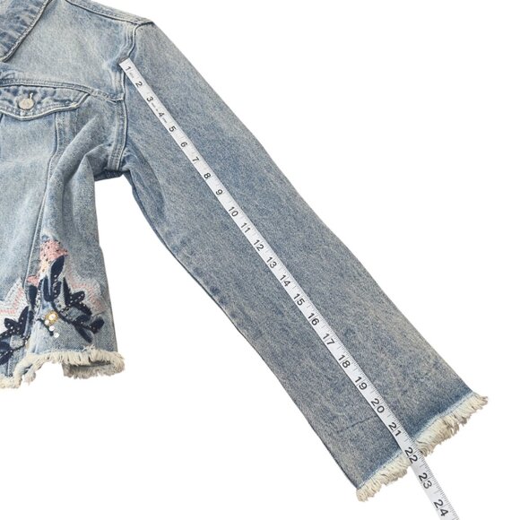 Bebe Distressed Denim Jacket W/ Embroidered Mandala Design & Raw Hem - Womens XL - Picture 7 of 15